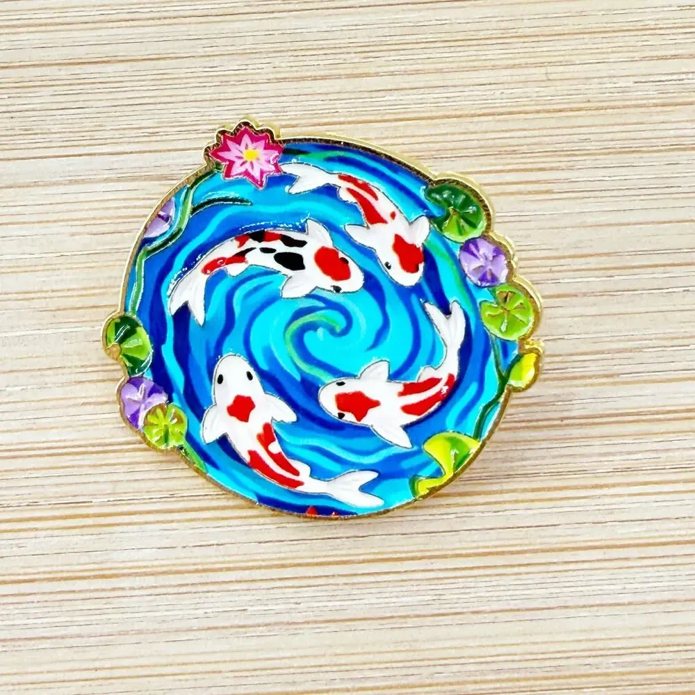 Koi Fish Pond Soft Enamel Pin Japanese Kawaii Water Lily Lapel Badge Gift